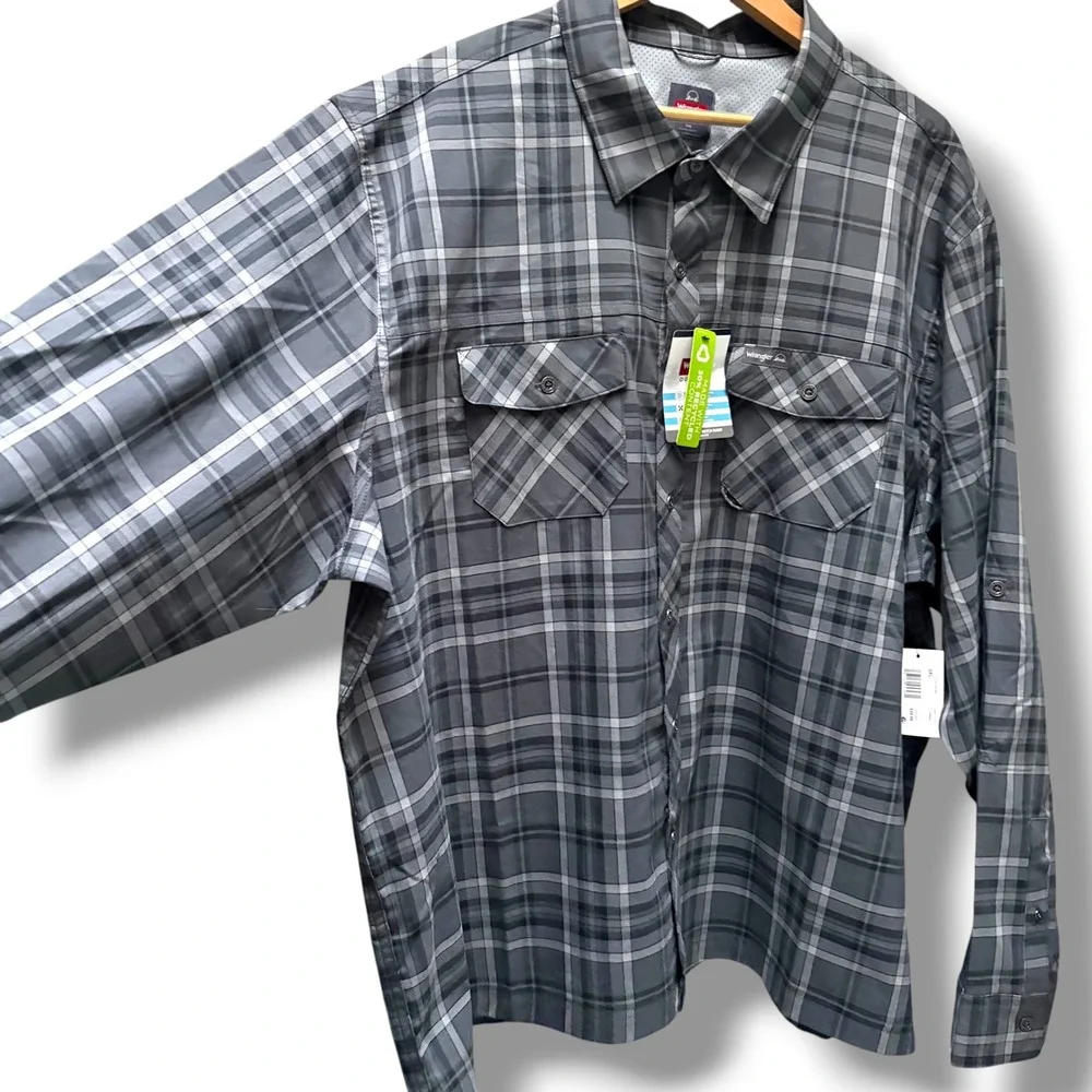 Wrangler‎ Outdoor Men 3XL Grey Plaid Stretch Moisture Wicking UPF 40 Shirt NEW